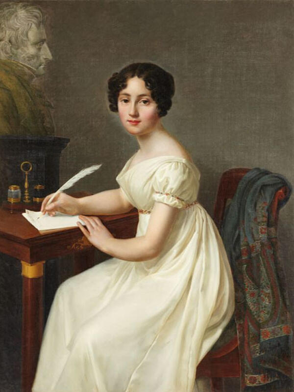 Antique painting of woman in a white gown seated at a table writing with a feather quill pen