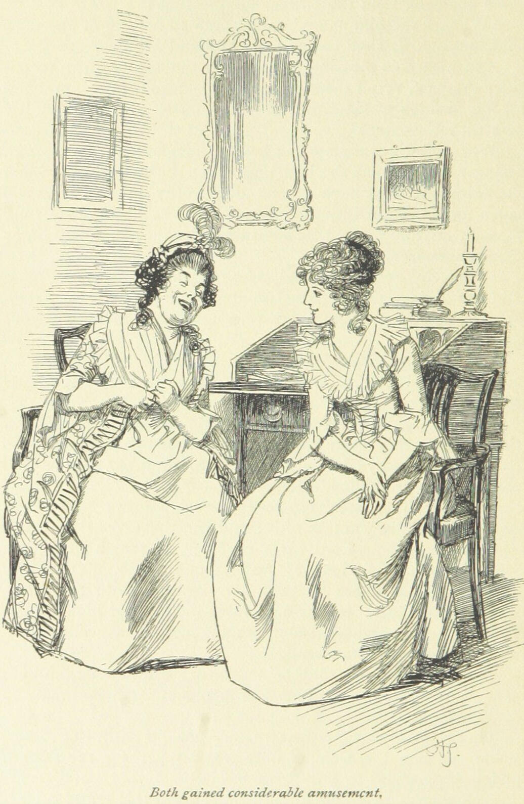 Both gained considerable amusement, S&S Antique drawing of two women dressed in 18th-century clothing, conversing and laughing