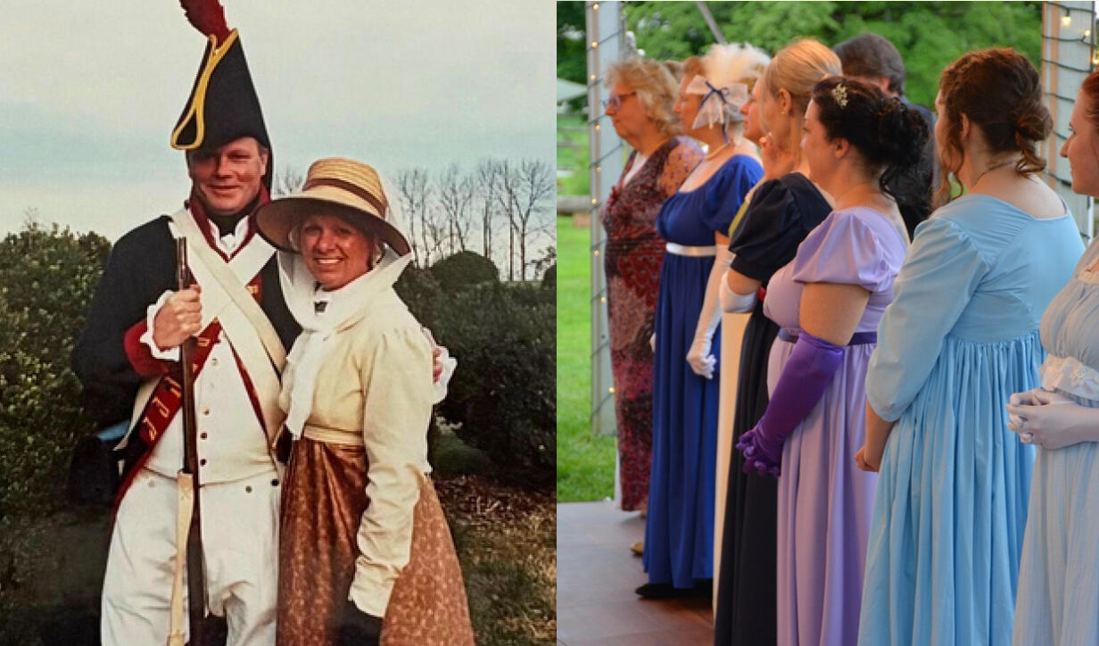 Photograph of a man and woman dressed in historical clothing from the Lewis and Clark expedition, 1804 to 1806 Jane Austen Society of North America Pittsburgh Region logotype with image of Jane Austen