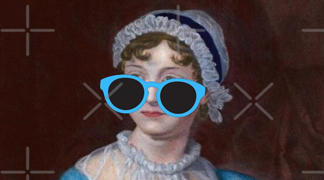 Collage of Jane Austen wearing modern sunglasses, silhouetted against a geometric-patterned background Photograph of a Jane Austen action figurine with bendable arms, a quill pen and a writing desk