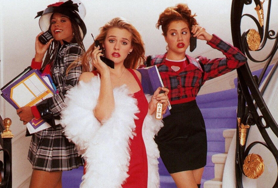 Movie poster from Clueless, 1995, showing Stacey Dash as Dionne Davenport, Alicia Silverstone as Cher Horowitz and Brittany Murp Jane Austen Society of North America Pittsburgh Region logotype with image of Jane Austen