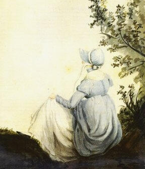 Austen at 250 Antique watercolor of back view of Jane Austen seated outdoors gazing into distance