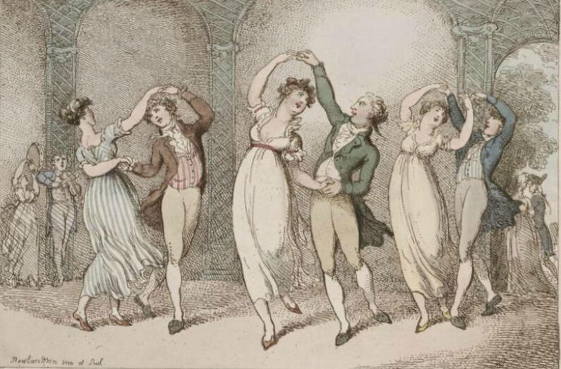 Antique print of couples doing country dancing Antique print of couples doing country dancing