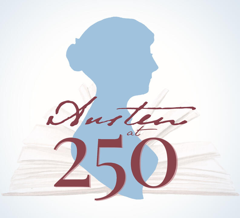 Austen at 250 Silhouette of Jane Austen and text that reads Austen at 250