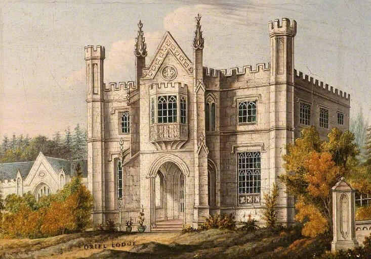 Oriel Lodge, Cheltenham, 1820–1835 Colorful antique painting of Oriel Lodge, a large building in the gothic style with ornamental buttresses and turrets, framed by trees and shrubs whose foliage is turning orange for autumn.